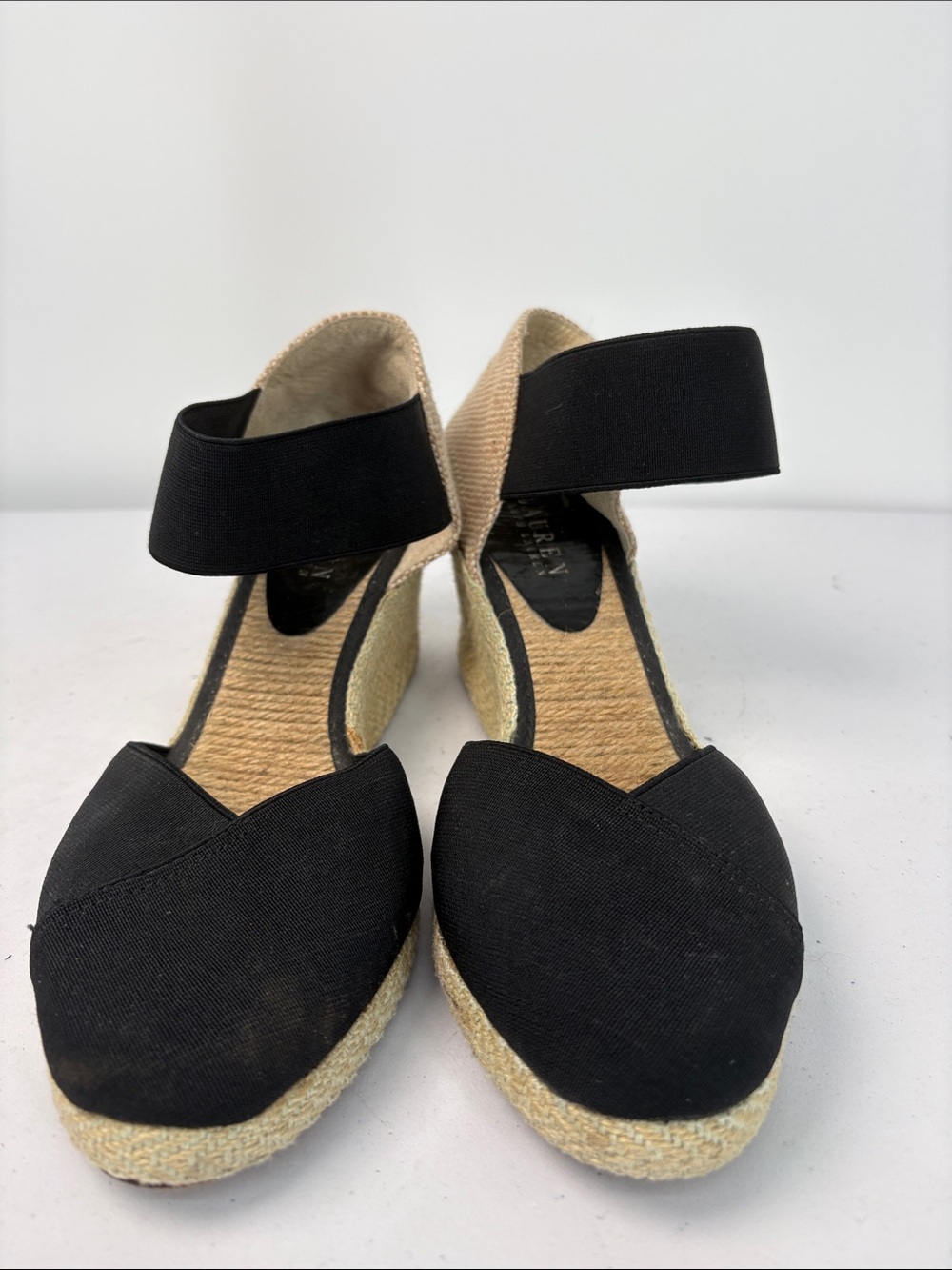 👟 Lauren Ralph Lauren Black and Beige Wedge Espadrille Sandals - Picture 2 of 7
